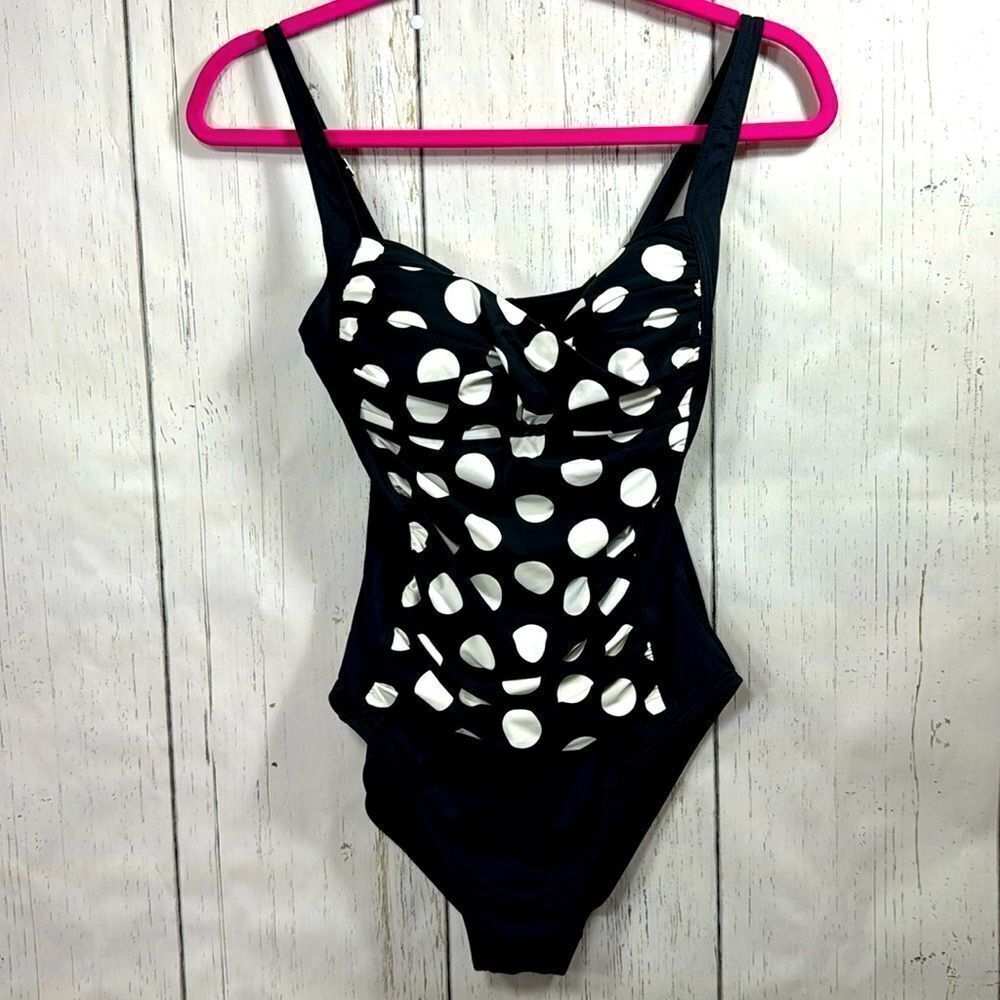 La Blanca Black White Polka Dot One Piece Swimsuit Ruched Retro Beach Size 8
